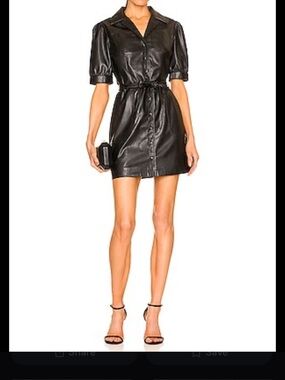 PAIGE Mayslie Black Faux Leather Mini Dress with Tie Waist